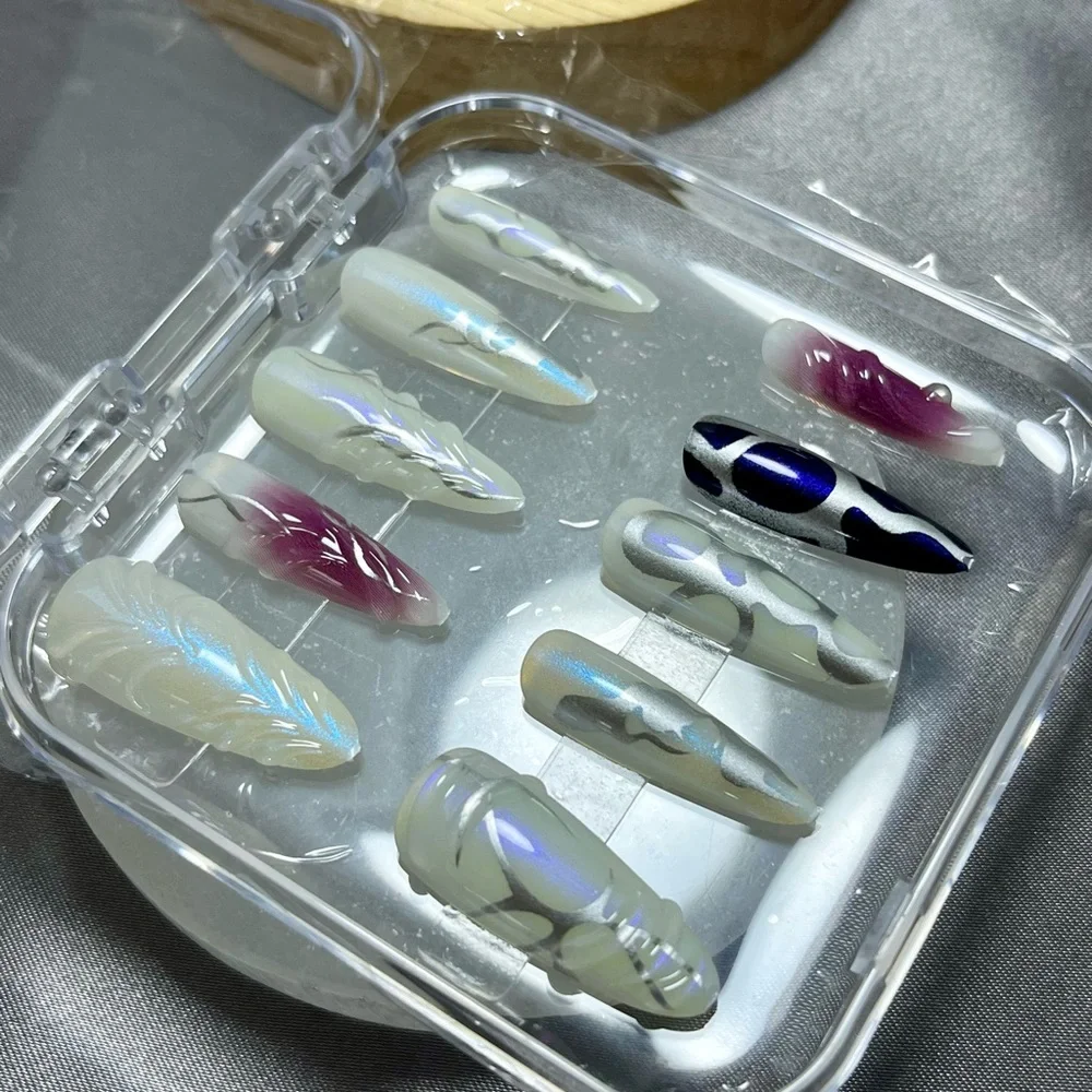 Elegant Nail Art Set 3D Silver & Purple Accents Press On reusable handmade 10 pc - Picture 5 of 7